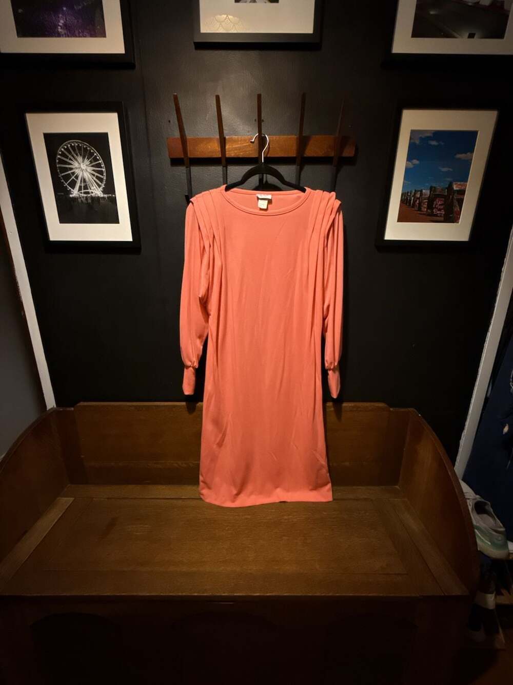 Vintage HHR Long Sleeve Shift Dress with Pleated Shoulders in Peach